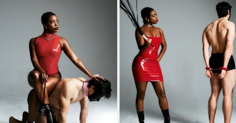 Black Mistress with a whip and her male slave
