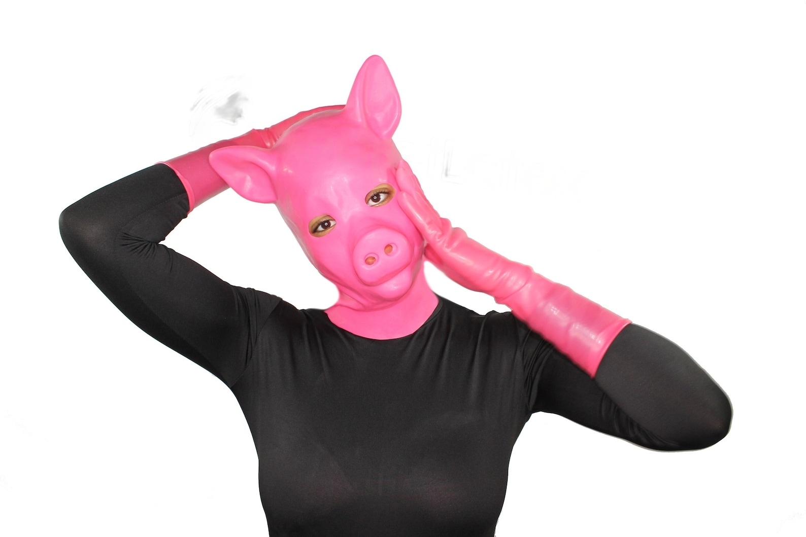 Dressed female in a pink pig fetish mask